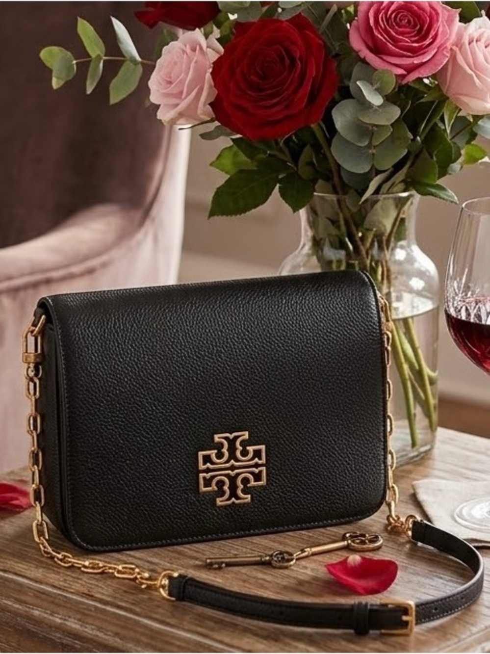 Tory Burch Black Leather Crossbody with Gold Chain Trim